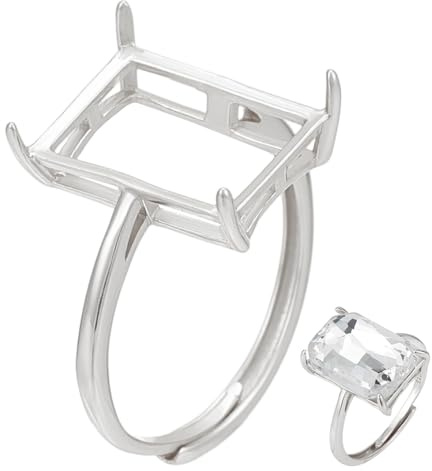 BENECREAT Echt Platinierte 925 Krappen Ringfassung Aus Sterlingsilber 12x8mm Rechteck 4 Krallen Ringrohlinge Verstellbare Ringsockel Mit Poliertuch Für Die Schmuckherstellung von Cabochon Ringen