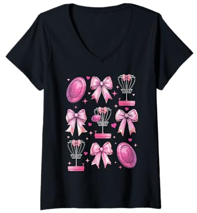 Donna Discgolf - Cestino a disco da ragazza, motivo cocchetta, con fiocco, colore: Rosa Maglietta con Collo a V