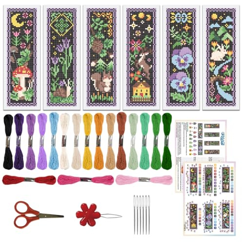 ORIGACH 6 Stück Dunkler Nachtwald Kreuzstich Lesezeichen Set für Anfänger | 11CT Kreuzstich Set mit Anleitung Vorgedruckt, Vorgedruckt Sticken Lesezeichen-Set für Erwachsene Buch-Liebhaber