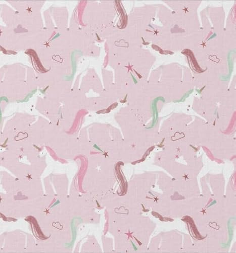 Baumwollstoff Einhorn rosa – Kinderstoff mit Einhörnern & Sternen | Stoff für Mädchen, Patchwork, Deko, Kleidung, DIY & Nähen