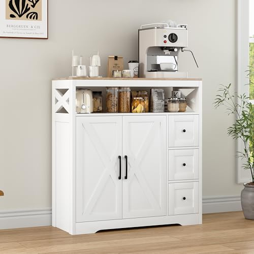 Sideboard Weiss, 100 cm Breit Küchenschrank, mit Schubladen und Offenem Regal, Küchenschrank mit 3 Schubladen und 2 Türen, Sideboard Küche mit Arbeitsplatte, Küchenbuffet Für Wohnzimmer, Küche, Flur