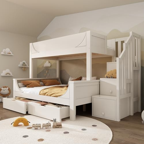 EINHOM Bunk Bed for Kids, 3FT/4FT6 Storage Bed with 2 Drawers and 3 Staircase Storage Spaces, Fall Protection, Suitable for Boys and Girls, 90/135 x 190 cm, White (No Mattress)