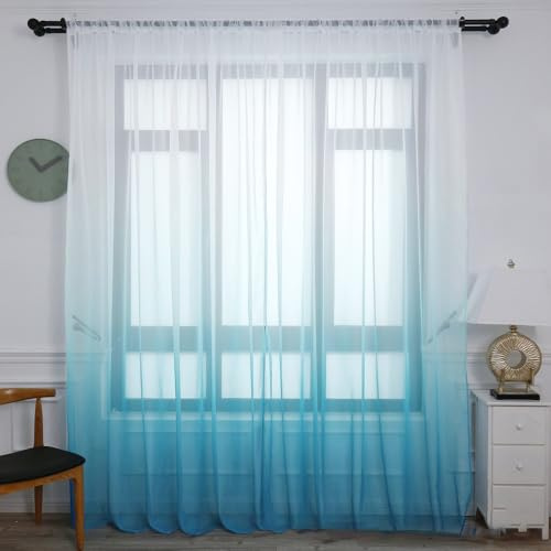 Blausky Farbverlauf Voile Gardinen,Kräuselband Sheer Vorhang Gardinenschal | 2 STK 100x200cm Transparent Voile,Light Filtering,Polyester Voile,Kräuselband,Dekoschal für Wohnzimmer Schlafzimmer,Blau