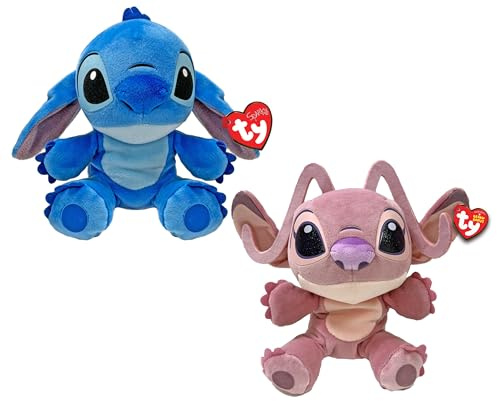 TY Floppy – Disney Lilo & Stitch, Juego de Dos Peluches Stitch y Ángel, Suaves Peluches coleccionables, Idea de Regalo para Grandes y pequeños, 20 cm, 38600ABS
