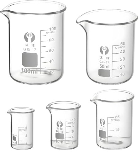5 Pcs Bécher Gradué en Verre Borosilicate pour Laboratoire et Cuisine 5ml 10ml 25ml 50ml 100ml