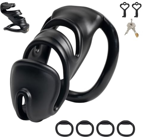 Cage de Chasteté pour Pénis Sex Toýs Homme Chastity Cage Man avec Micro Serrure et 4 Anneaux Différents Cage Chastetée en Résine Légère et Respirante avec 4 Clés pour la Bondage du Pénis (Black,L)