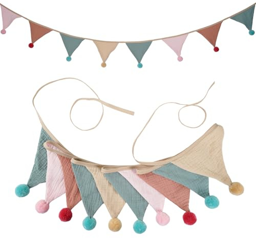 Bunting Triangle Baby Cotton Bunting Garland Fabric Colorful Reusable Double Side Cloth With Pompoms Morandi 10PCS Bedroom Decoration Garden Tea Birthday Baby Room
