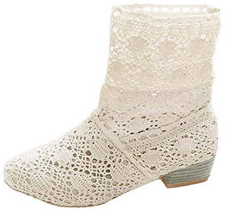 Minetom Femme Été Automne Mode Creux Dentelle Classics Courtes Bottes Femmes Bottine Bloc Talon Mid-Calf Boots (EU 38, Blanc)