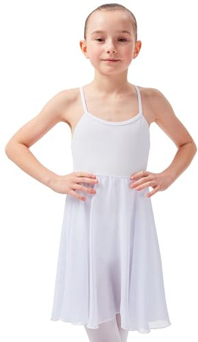 tanzmuster ® Ballettkleid Mädchen Träger - Alma - aus weicher Baumwolle mit langem Chiffon Röckchen Trikot Ballettanzug Ballettbody fürs Kinder Ballett in weiß, Größe:152/158