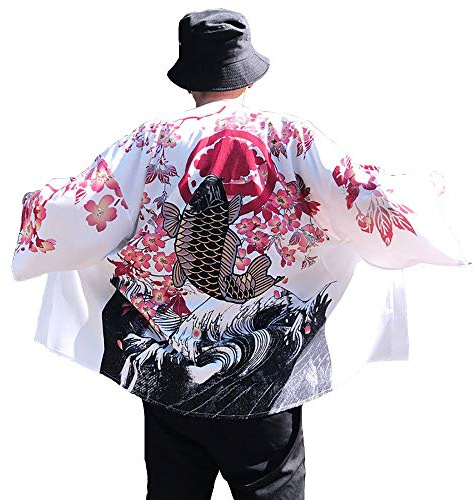 Siehin Veste Kimono Cardigan Japon Happi Kimono Printemps-Été Yukata Manteau Ukiyoe Tops Baggy pour Homme, Blanc., L
