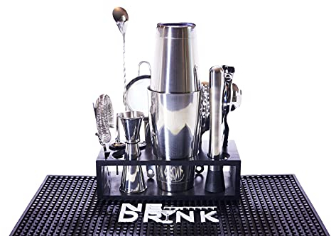 Kit da cocktail di alta qualità da 13 pezzi per baristi e mixologisti casalinghi con supporto, tappetino da bar, shaker Boston, spremiagrumi e molto altro ancora