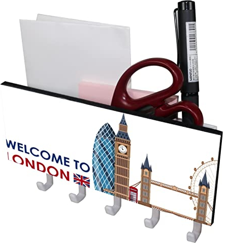 Welcome to London 5 Haken Schlüsselhalter Schlüsselhaken Wandmontage, Garderobenleiste, Briefablage, geeignet für Eingangsbereiche und hinter Türen