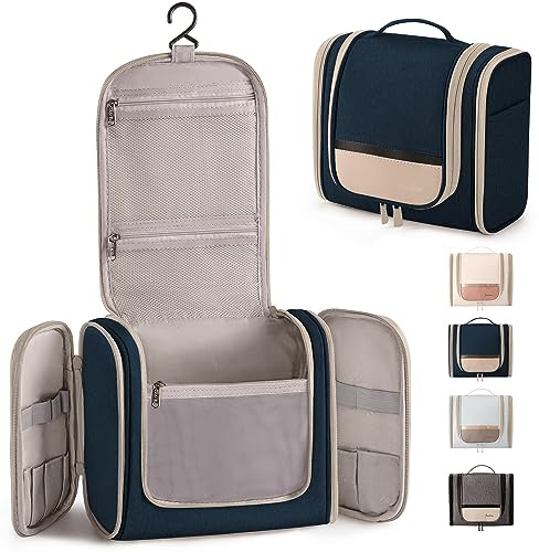 Rieeyrslza Trousse de Toilette de Voyage à Suspendre Cosmétique Sac Organisateur, Sac de Toilette pour Femme & Homme, Multi-Compartiments étanches, Convient pour Voyage, Camping, Gym(Bleu Foncé+Beige)