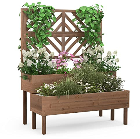 COSTWAY Cama Elevada de Jardín de 2 Niveles con Enrejado, Caja de Cultivo Elevada de Madera con Patas, Agujero de Drenaje, Maceta Interior y Exterior para Jardín, Patio y Balcón (Marrón)