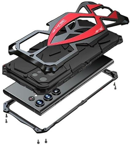 Lunivop for Samsung Galaxy S24 Ultra case 2024 Metal Hard Phone Case Cover Case para Screw(with Soft Screen Protector) Heavy Duty Rugged Military Grade Black Red