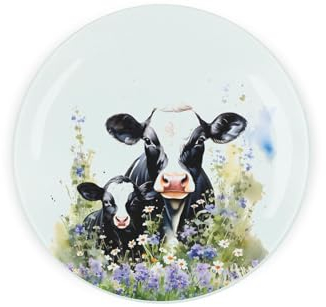 Friesian Cow & Calf Round Glass Trivet Kitchen Gift - Farm Countryside Gift Textured Chopping/Cutting Board Worktop Protector with Non-Slip Feet 20cm x 20cm (8 x 8)