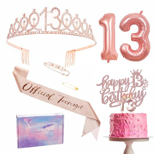 13:e födelsedagen dekorationsset – roséguld 13-årsdag skärp och tiara festkrona, tårttopp och ljus, nummer 13 folieballonger, festtillbehör, 13:e år gamla gåvor för flicka