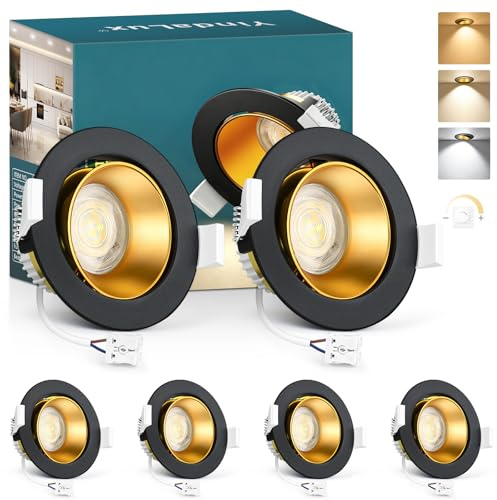 YindaLux 6X Spot LED Encastrable 230V Dimmable, 5W 550LM 3000K/4000K/6500K, Spot Plafond Orientable IP44, Réflecteur Profond, Module LED Amovible, 38°/120°, Trou Ø75-80mm, Noir Or
