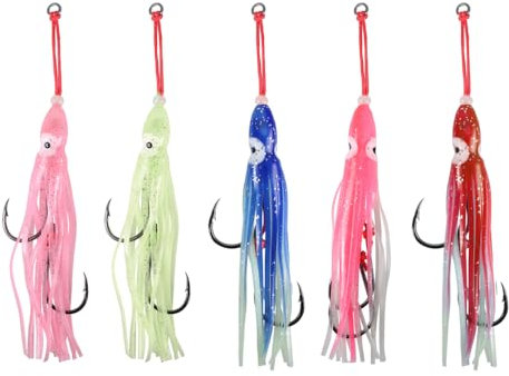 Señuelo de pesca, 5 señuelos luminosos para curricán, señuelos de pulpo con gancho y falda, cola para pesca en agua salada en el océano