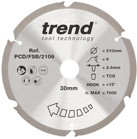 Trend Kreissägeblatt aus PKD-Faserzement, 210 mm Durchmesser, 30 mm Bohrung, 6 Zähne, 2,4 mm Schnittfuge, +12° Haken, PKD, grobe Oberfläche, PCD/FSB/2106