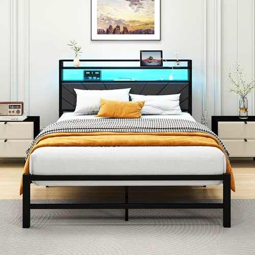 ARFARLY Dubbelsäng 120 x 200 cm med LED-belysning, sängram, sänggavel och laddningsstation (2 AC-uttag och 1 USB-port)