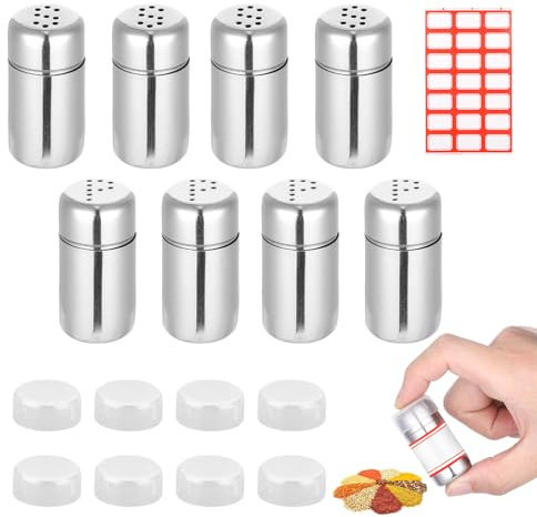 8 mini saleros para viajes, 15 ml, acero inoxidable, pequeños con tapa, mini espolvoreador de especias para camping, adecuado para cocinas, restaurantes, camping y barbacoas al aire libre (4S + 4 P)