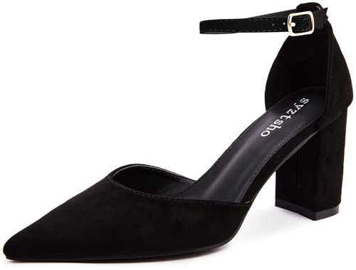 syztsho Women's Black Closed Pointed Toe Heels Chunky Block Pumps Ankle Strap Dress Shoes for Office Party Wedding Size 8
