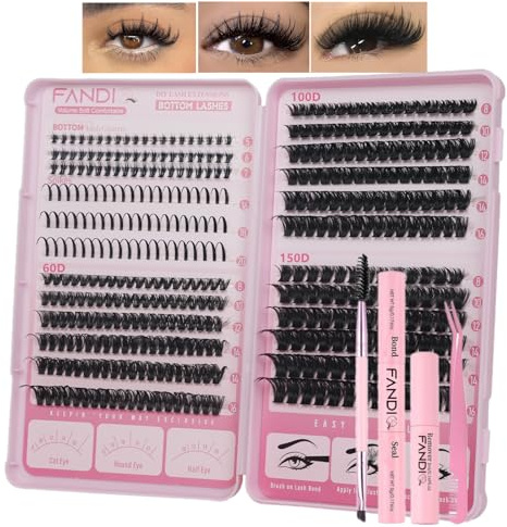Individual Eyelashes 60-100-150D Cluster Lashes Kit Spiky Lash Clusters Thick 8-20mm Long Lash Spikes&Bottom Fluffy Lashes with Lashes Glue Bond and Seal & Remover and Tweezers(60+100+150KIT)