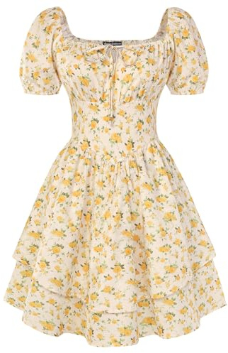 SCARLET DARKNESS Vestito Abito Corto Donna Rinascimentale Maniche Corte Palloncino Floreale Apricot Fiori Gialli M