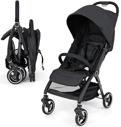 GYMAX Baby Stroller, Foldable Toddler Pushchair with Adjustable Backrest, Canopy and Calf Support, Storage Basket, Baby Buggy Pram Carriage for 0-3 Years Old Infant Kids (Black)