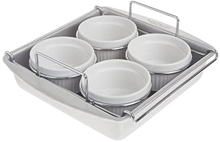 Chicago Metallic Professional 6-Piece Creme Brulee Set with 4 Porcelain Ramekins, 8-inch Square Pan and Wire Rack