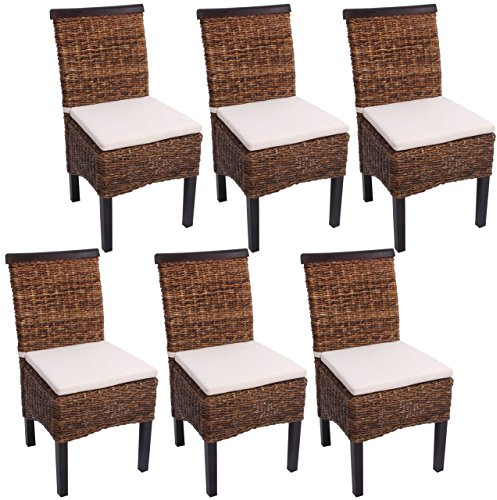 Mendler 6er-Set Esszimmerstuhl M45AM Bananengeflecht - dunkel, mit Kissen