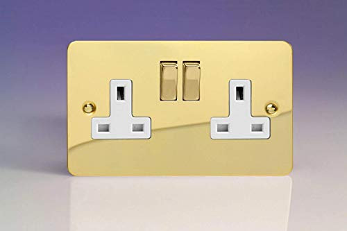 XFV5DW Varilight Ultra Flat Plate Polished Brass 2 Gang 13A Switched Plug Socket White Insert