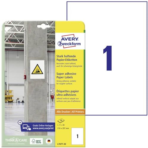 AVERY Zweckform L7877-20 Stark haftende Etiketten (20 Aufkleber, 210x297mm auf A4, extrem stark selbstklebend, auch für schwierige Oberflächen, bedruckbare Power Klebeetiketten) 20 Blatt, weiß