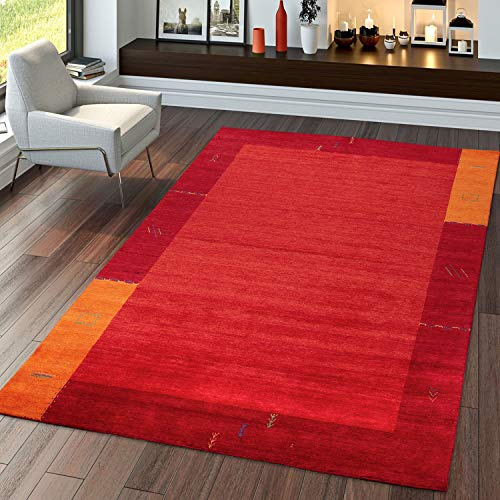 TT Home Teppich Handgertigter Indischer Gabbeh Aus 100% Wolle Bordüre Terrakotta Orange, Größe:80x150 cm