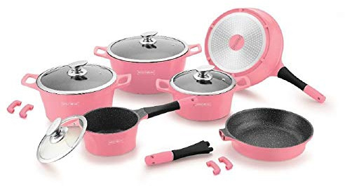 Royalty Line Set 14 Pezzi in Pietra PENTOLE PADELLE e Coperchio LAVICA Roy, per Uso Professionale E Domestico, Modello RL-ES1014M - Rosa