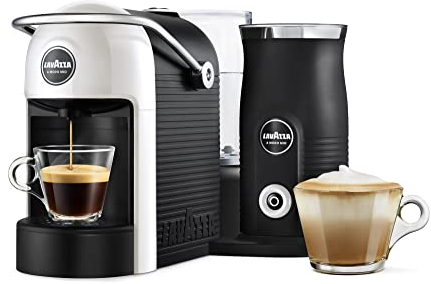 Lavazza, A Modo Mio Jolie & Milk EVO Coffee Machine Made from 33% Recycled Plastic, with Integrated Milk Frother and Removable Grid, Compatible with A Modo Mio Pods, 1250 W, 220–240 V, 50–60 Hz, White