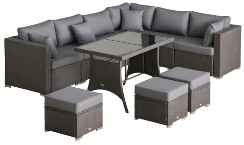 Outsunny 10-TLG. Gartengarnitur Polyrattan-Sitzgruppe Dunkelgrau | für Garten und Terrasse, Modulares Design, Sitz- und Rückenkissen, Wurfkissen, Rostfreier Metallrahmen