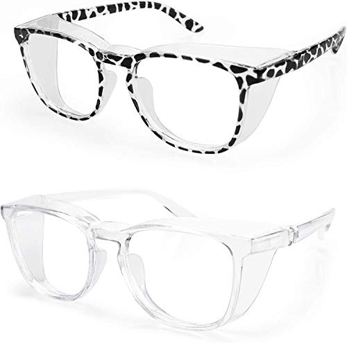 Safety Goggles Anti-Fog Tactical glasses with Side Shields Clear Safety glasses with Anti-Scratch UV400 protection Lens Goggles Inside Eyeglasses (Transparent frame&Clear lens) (Black Leopard + white)