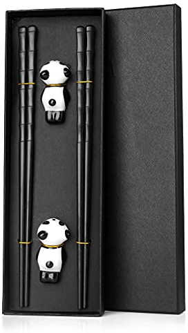 Japanische Schwarz Glasfaser EssstäBchen 2 Paars mit 2 Panda Keramik-Essstäbchen Auflagen , Sushi Stäbchen Chopsticks Wiederverwendbare EssstäBchen Waschbar FüR GeschirrspüLerc mit Geschenkbox
