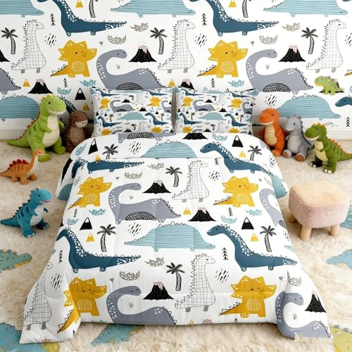 Loussiesd Juego de Edredón para Niños, Tamaño Individual, Diseño de Dinosaurio, Patrón Bonito, Microfibra Suave con 1 Funda de Almohada para Niñas