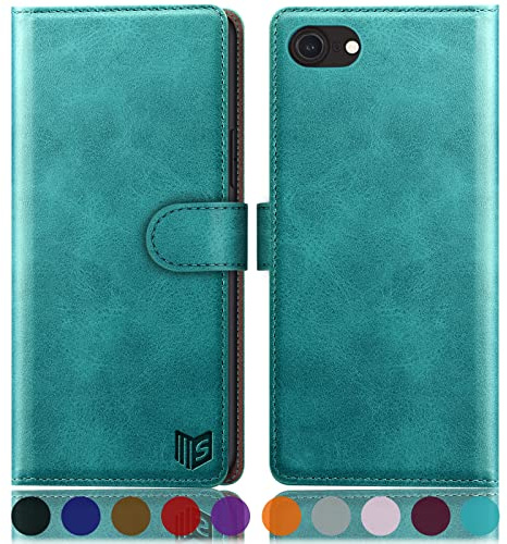 SUANPOT [RFID Schutz für iPhone SE 2022/7/8/SE 2020 4,7-Zoll Hülle PU Leder Handyhülle Lederhülle Klapphülle Kartenfach Flip Cover für Apple SE 2022 Handy hülle Leather Wallet Phone Case Blau Grün