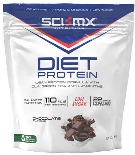 SCI-MX Diet Whey Protein Powder + Vitamins & Green Tea, CLA & L-Carnitine - Chocolate • Low Sugar • 22g Protein + 110 Calories per Serving • 800g
