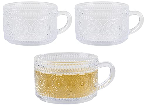 Eden & Willow Set of 3 Embossed Glass Tea and Coffee Mug 325ml - Wide Mouth Cup with Handle - Thick Thermal Shock Resistant Drinking Glass for Hot Chocolate, Milkshakes, Breakfast Bowls