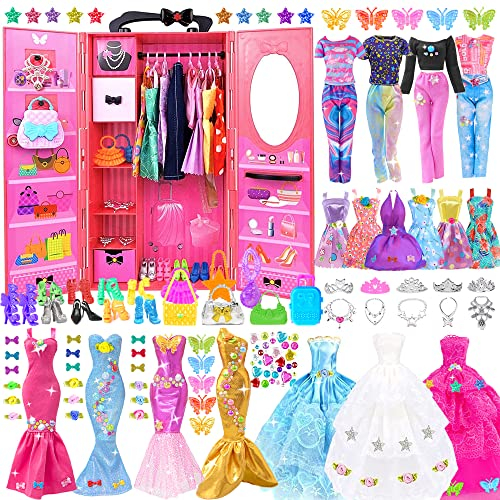 139pcs 11.5 inch Girl Doll with Closet Wardrobe Clothes and Accessories Including Doll, Wedding Dress, Outfits, Shoes, Hangers, Bags, Necklaces and DIY Stickers