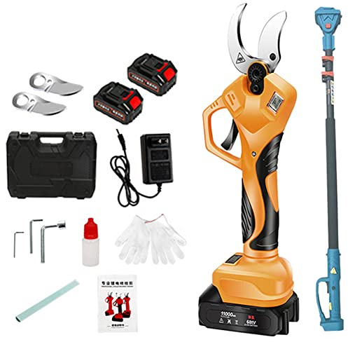 TAHALI Sécateur sans Fil, sécateur électrique avec Perche d'extension, Batterie au Lithium 21 V, Lames SK5 plaquées Titane, diamètre de Coupe 50 mm, écran LCD,Battery*2