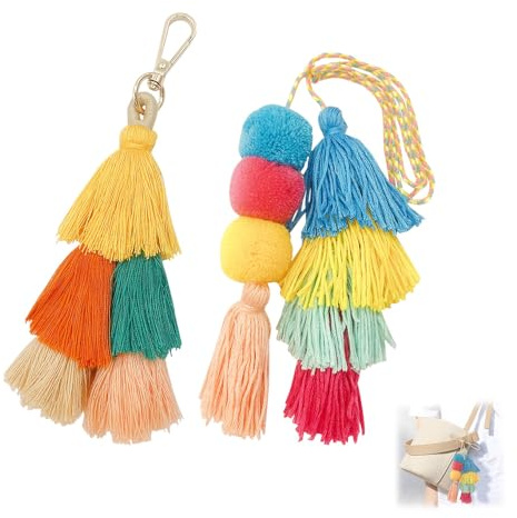 HLIWS Bunte Quaste Schlüsselanhänger,Handgemachte Bunte Boho Pom Pom Quaste Tasche Charme,Retro-Ethno-Stil,für Damen Geldbörse,DIY Zubehör