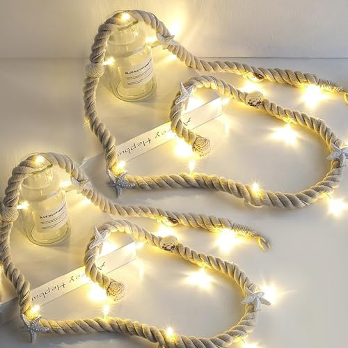 2 Stück LED Lichterkette Seil, lichterkette weihnachten LED Muschel Lichterkette,15 Leds Lichterkette, Seestern Muscheln Deko Lichterketten für Party, Hochzeit Gartenleuchte,1.5 M