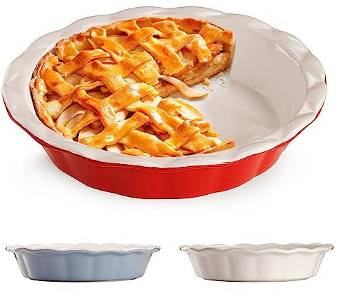 Muldale Plato redondo de cerámica para tartas de 23 cm, para el horno, plato individual estriado para pastel de calabaza y manzana profunda, sartén para carne y carne, color rojo