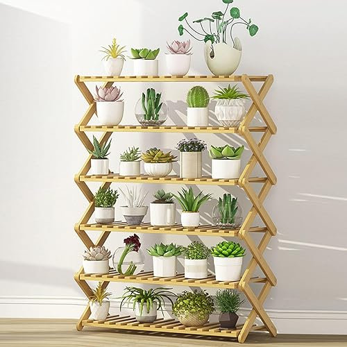 DECORN 6-stufiger Klappbarer Pflanzenständer Bambusleiter-Blumentopfhalter Sukkulenten-Präsentationsständer Zusammenklappbares Lagerregal, Regal für Balkon, Garten, Wohnzimmer,80cm L